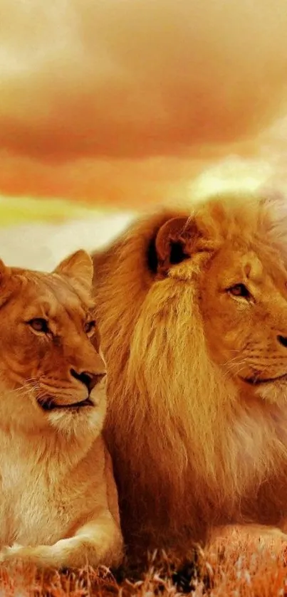 Lion and lioness under a golden sunset on the savannah.