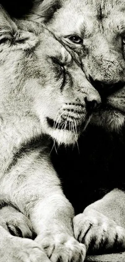 Black and white image of two lions nuzzling affectionately.