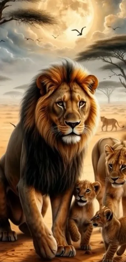 Lion family walks proudly in the African savanna under a dramatic sunset sky.