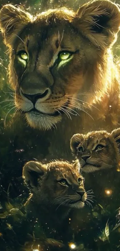 Lion family with glowing eyes in fantasy forest setting.