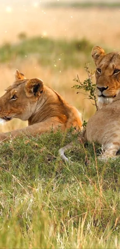 Two lions resting in a golden grassland landscape.