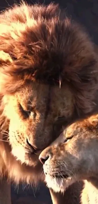 Majestic lions nuzzling under golden light.