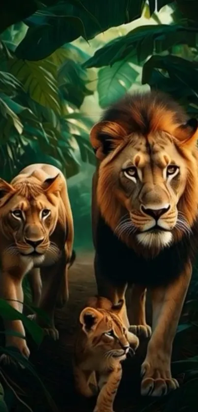 Lions walking through lush green jungle.