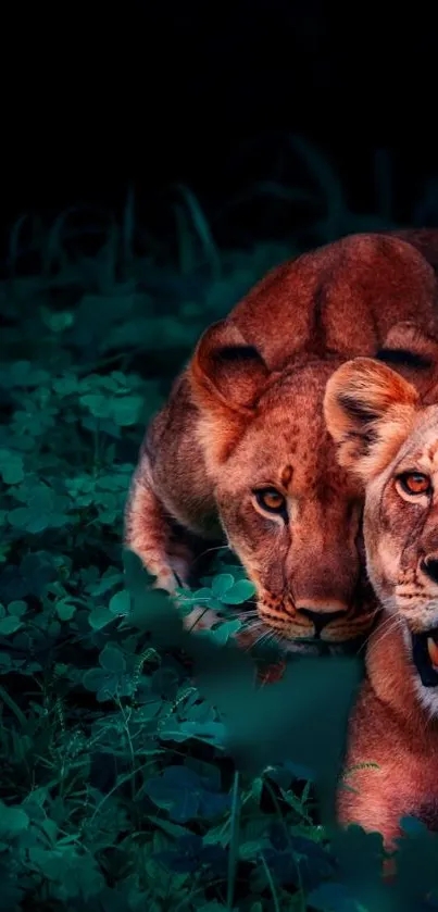 Two lions resting amid lush green jungle foliage.