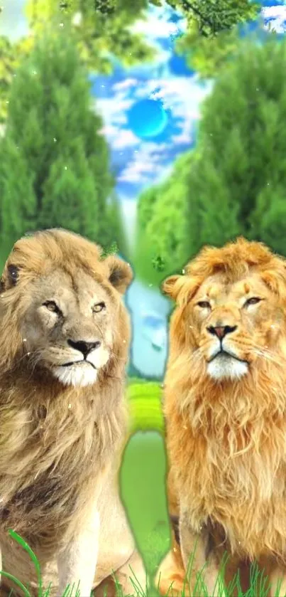 Majestic lions surrounded by green trees.