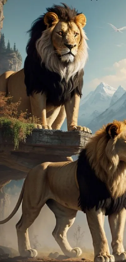Majestic lions standing on rocky cliff with mountains in the background.