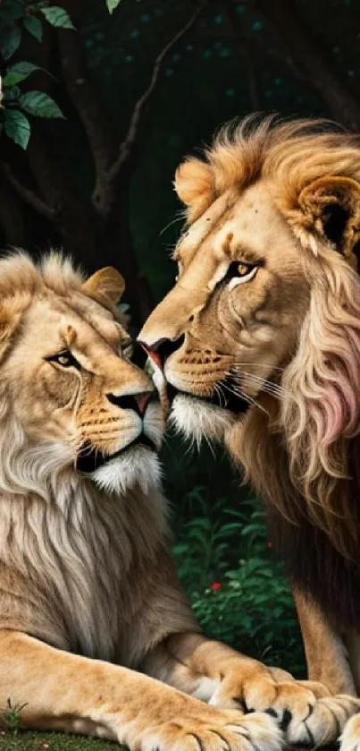 Two majestic lions surrounded by roses.