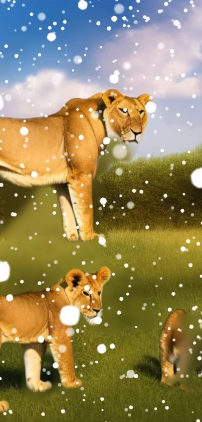 Majestic lioness and cub in a snow-covered grassland.