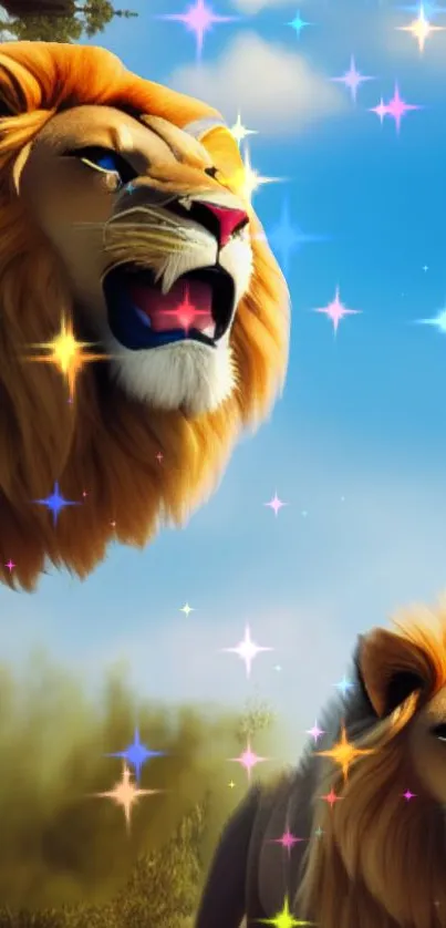 Two majestic lions with sparkling stars in a bright blue sky.