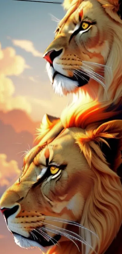 Majestic lions in sunset with vibrant clouds and golden hues.