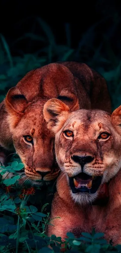 Two majestic lions in a dark, lush jungle setting.