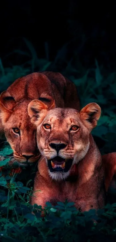 Two majestic lions resting in dark jungle foliage.