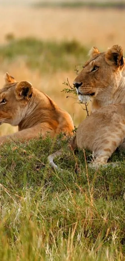 Majestic lions resting in a savanna landscape.