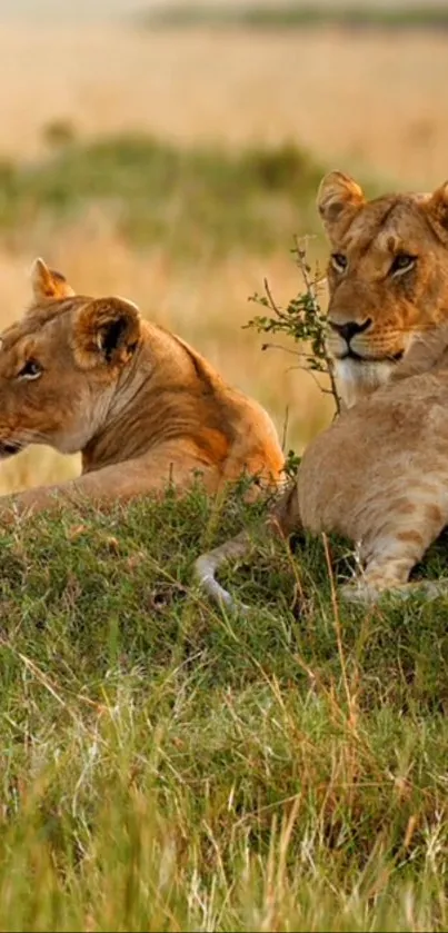 Two majestic lions resting on the savanna grassland.