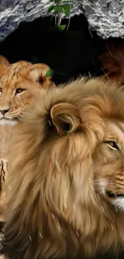 Majestic lions in a rocky natural setting.