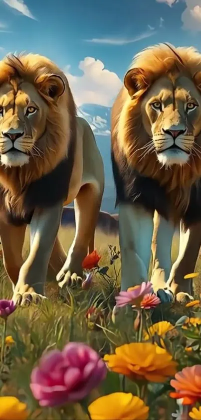 Two lions walking through a colorful field of wildflowers.