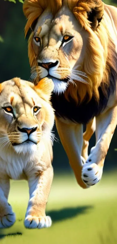 Two majestic lions walking in vibrant green wilderness.