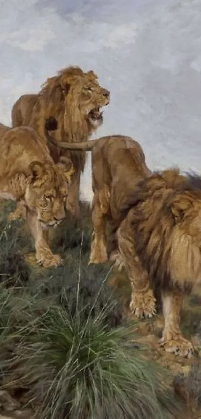 Three lions in a natural setting, painted for mobile wallpaper.