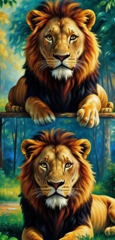 Majestic lion artwork in a lush forest setting.
