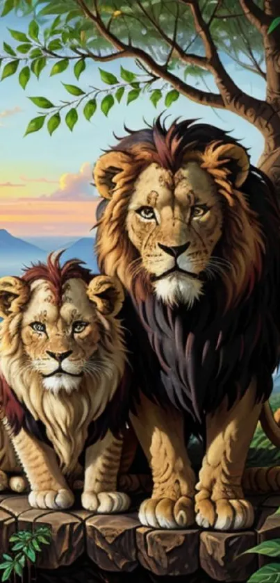 Two majestic lions in a scenic nature setting.