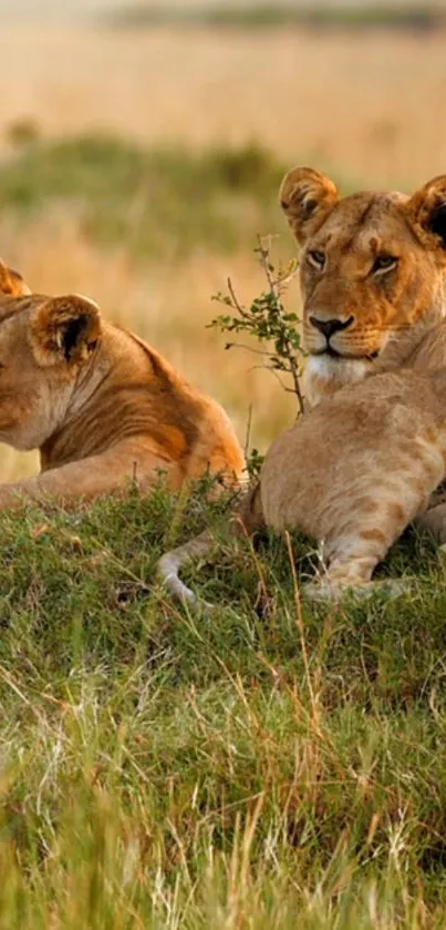 Two majestic lions resting on the savanna grasslands.