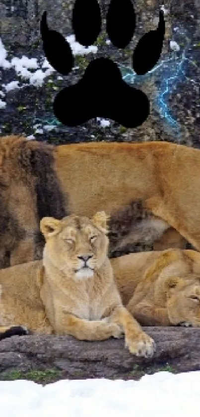 Pride of lions resting on snowy rocks with paw print in background.