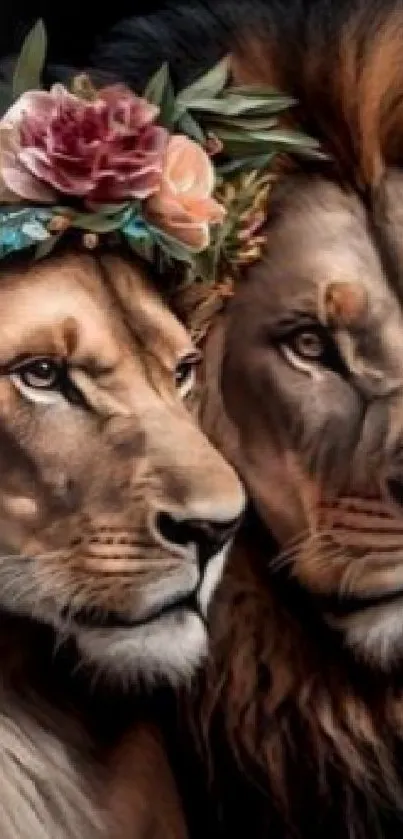 Lions with flower crowns, a majestic and elegant wallpaper for mobile devices.