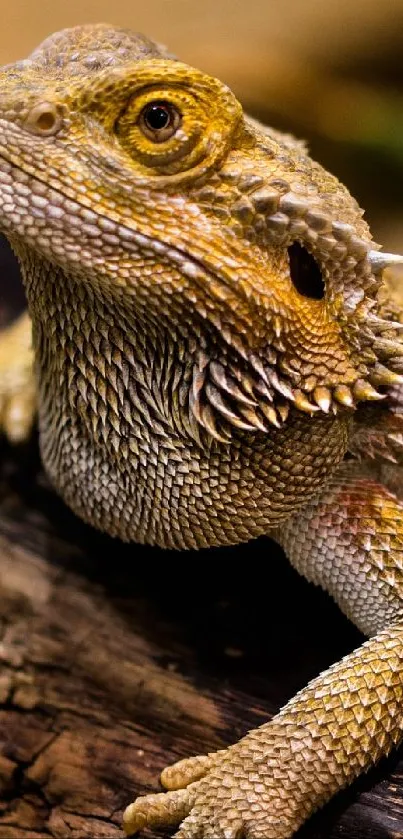 Close-up of a lizard on a log, showcasing scaly texture and golden brown tones.