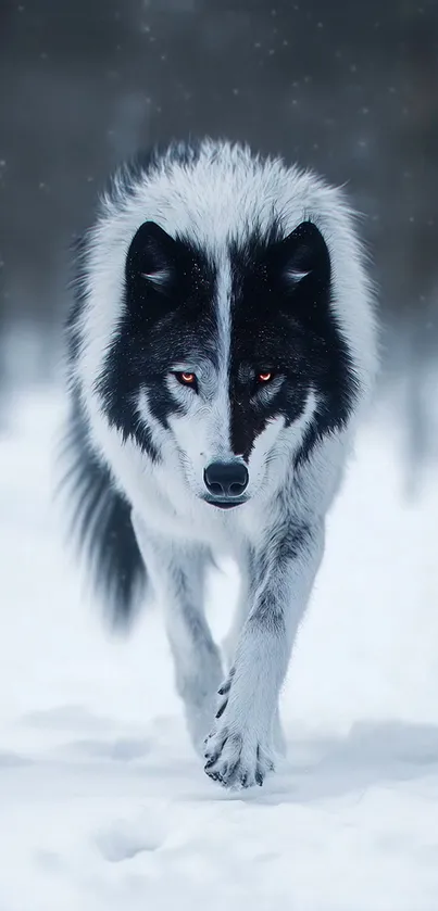 A majestic wolf strides confidently through a snowy landscape.