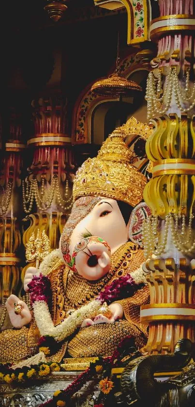 Lord Ganesha with intricate temple decorations.