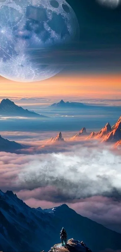 Surreal mountain scene with large moon and colorful sky.