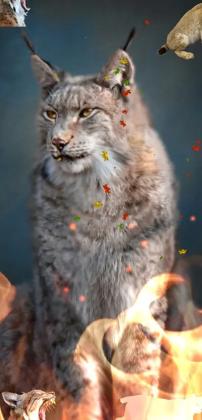 Lynx surrounded by flames with artistic elements in a dramatic scene.