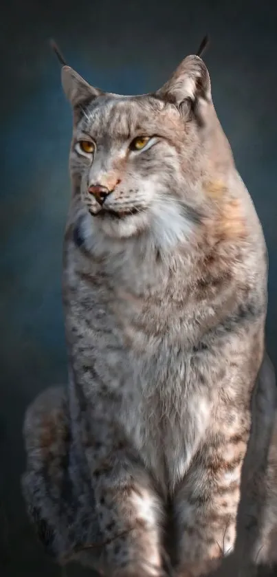 Majestic lynx sitting with a calm expression in a dark, serene setting.