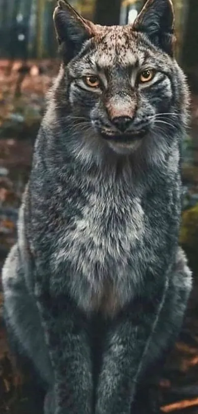 Majestic lynx sitting in a forest setting, providing a serene mobile wallpaper.