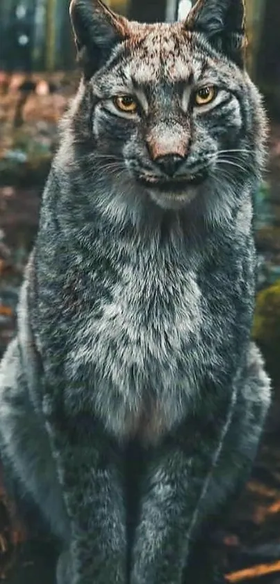 Majestic lynx sitting in an autumn forest.