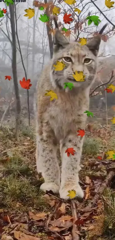 Lynx standing in autumn forest with falling leaves.