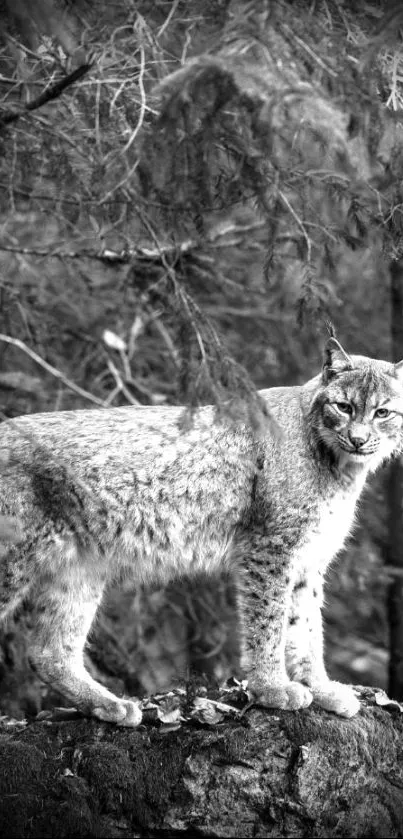 Black and white wallpaper of a lynx standing on a rock in a forest.