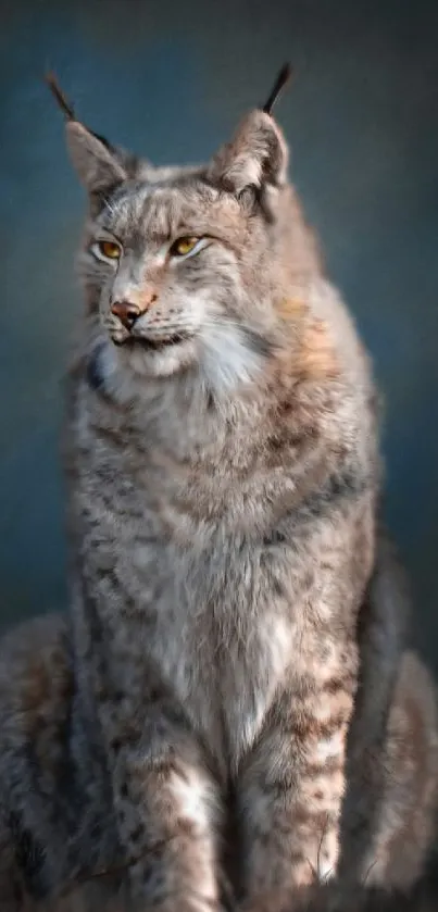 Majestic lynx with captivating gaze on a blue background mobile wallpaper.