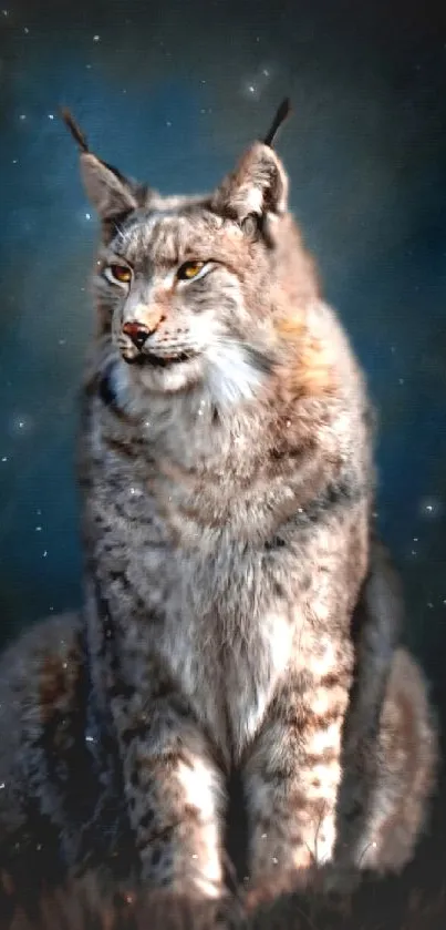 Majestic lynx sitting against a dark blue background.