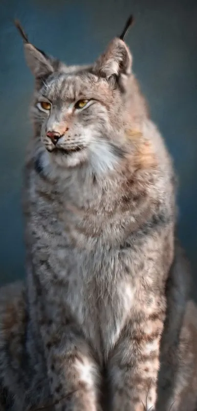 Majestic lynx sitting against a blue background.