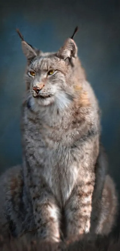 Majestic lynx sitting against a dark background in a mobile wallpaper.