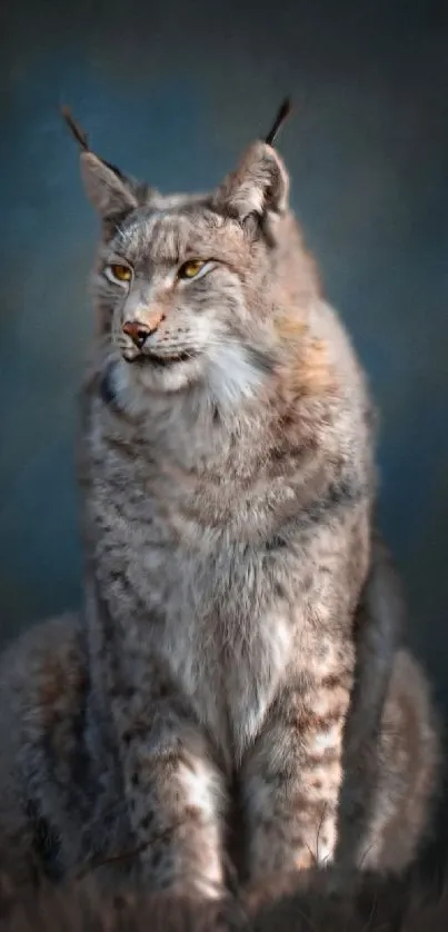 Majestic lynx sits against a dark blue backdrop in this captivating mobile wallpaper.