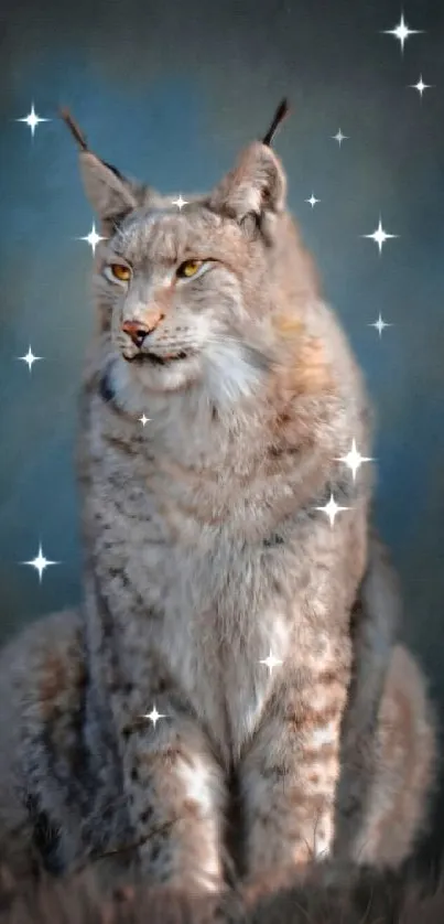 Majestic lynx sitting against a blue and gray background.