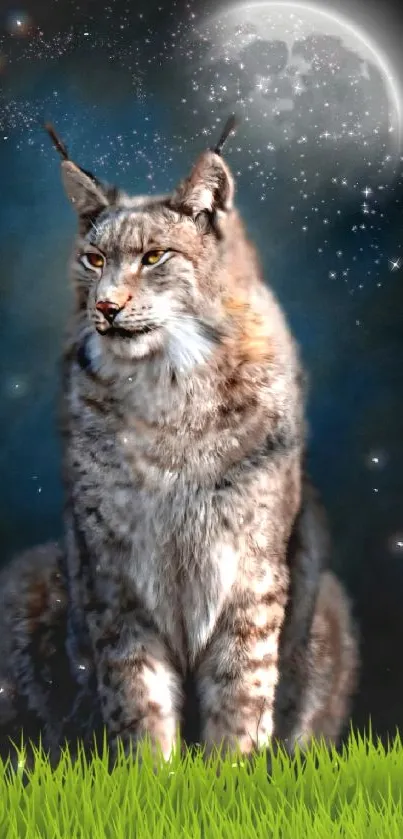 Majestic lynx sits under a moonlit sky with starry background.