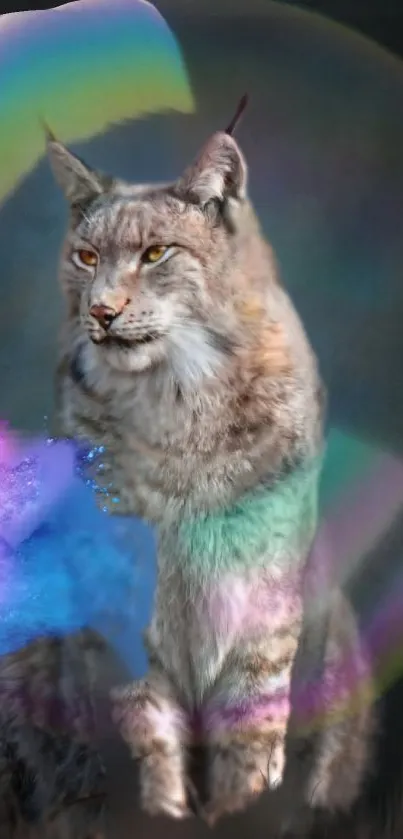 Lynx surrounded by colorful aura in dark background wallpaper.