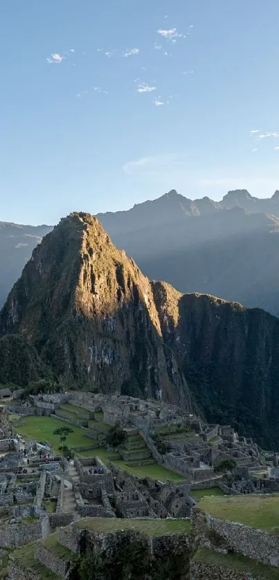 Breathtaking view of Machu Picchu with mountains and sunlight.