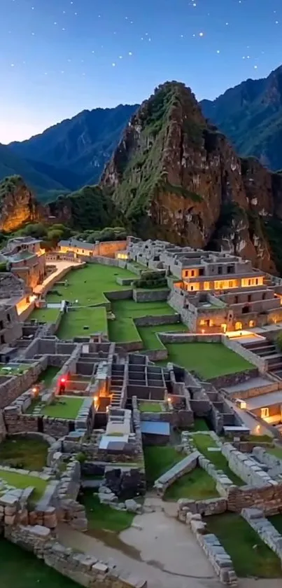 Machu Picchu under a starry night sky with illuminated ruins.