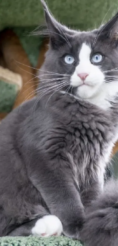 Majestic Maine Coon cat with blue eyes, fluffy fur, sitting gracefully.