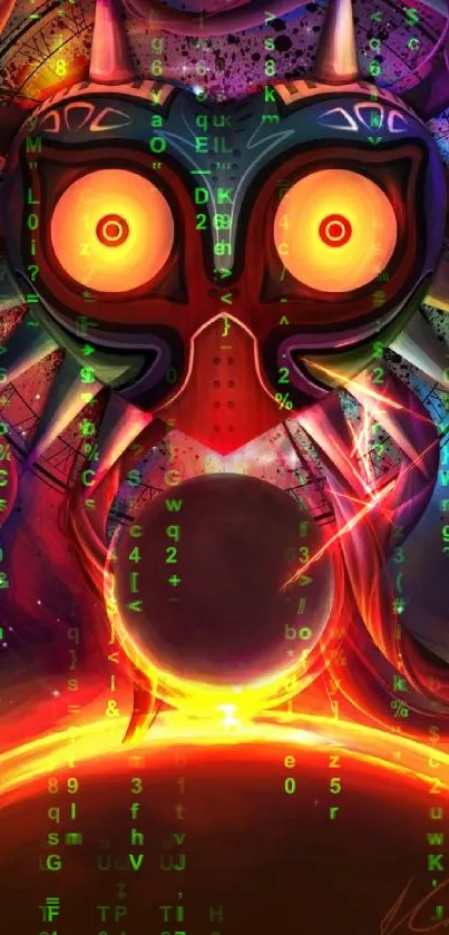 Colorful cosmic wallpaper featuring a mystical mask with vibrant neon colors.