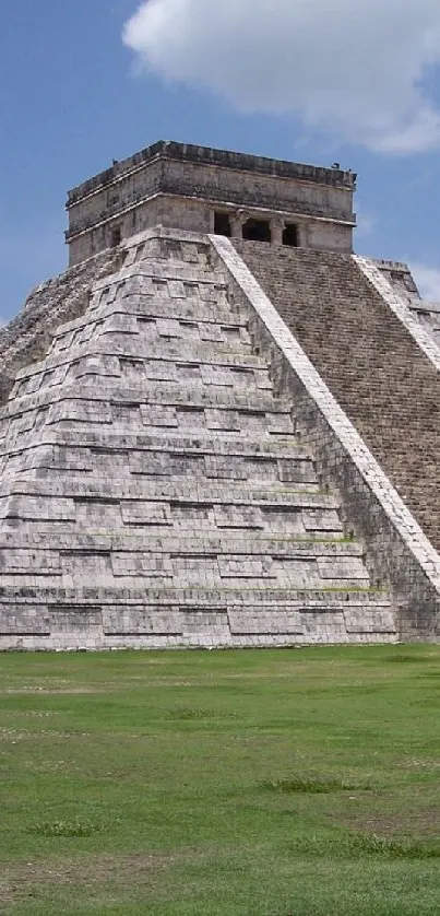 A breathtaking view of the ancient Maya pyramid under a clear blue sky.